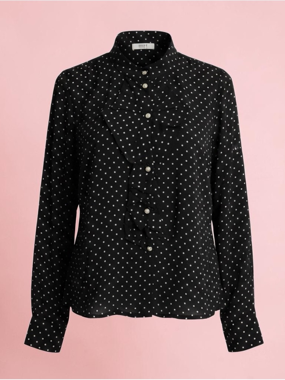 Suzy Shier Black and White Polka Dot Ruffle Button-Down Blouse